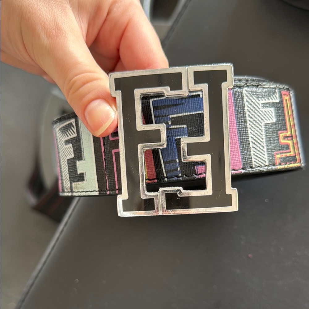 Fendi Black and Pink Belt with Silver Buckle